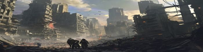 科幻末世美剧场景，废墟城市中两位主角并肩对抗危机，画面史诗感强烈，该剧在美剧网站上资源齐全
